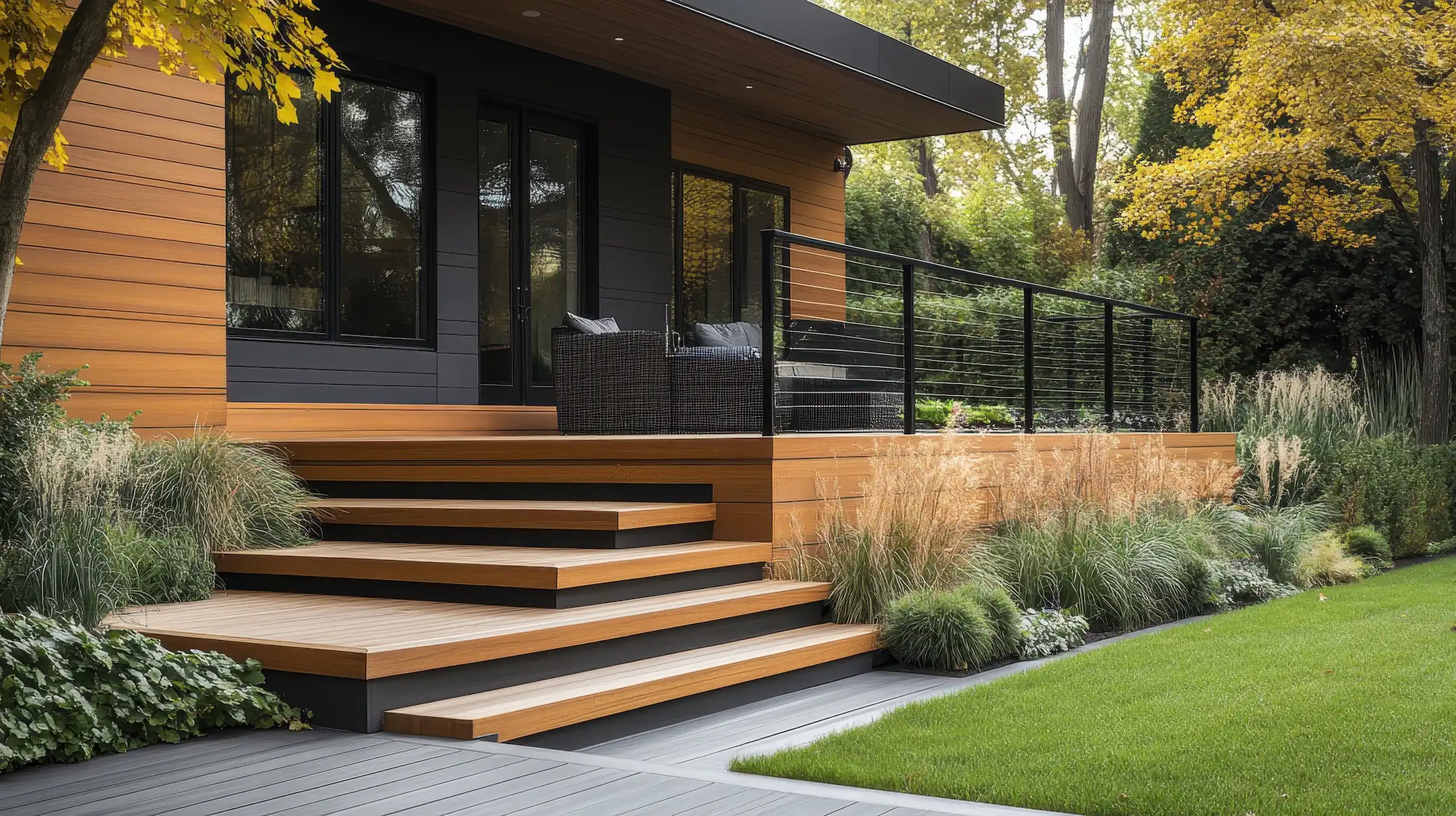 Modern home's deck with wooden stairs, landscaped garden, and cable railing. Shows luxurious outdoor living space design, ideal for real estate, home improvement, and architecture.
