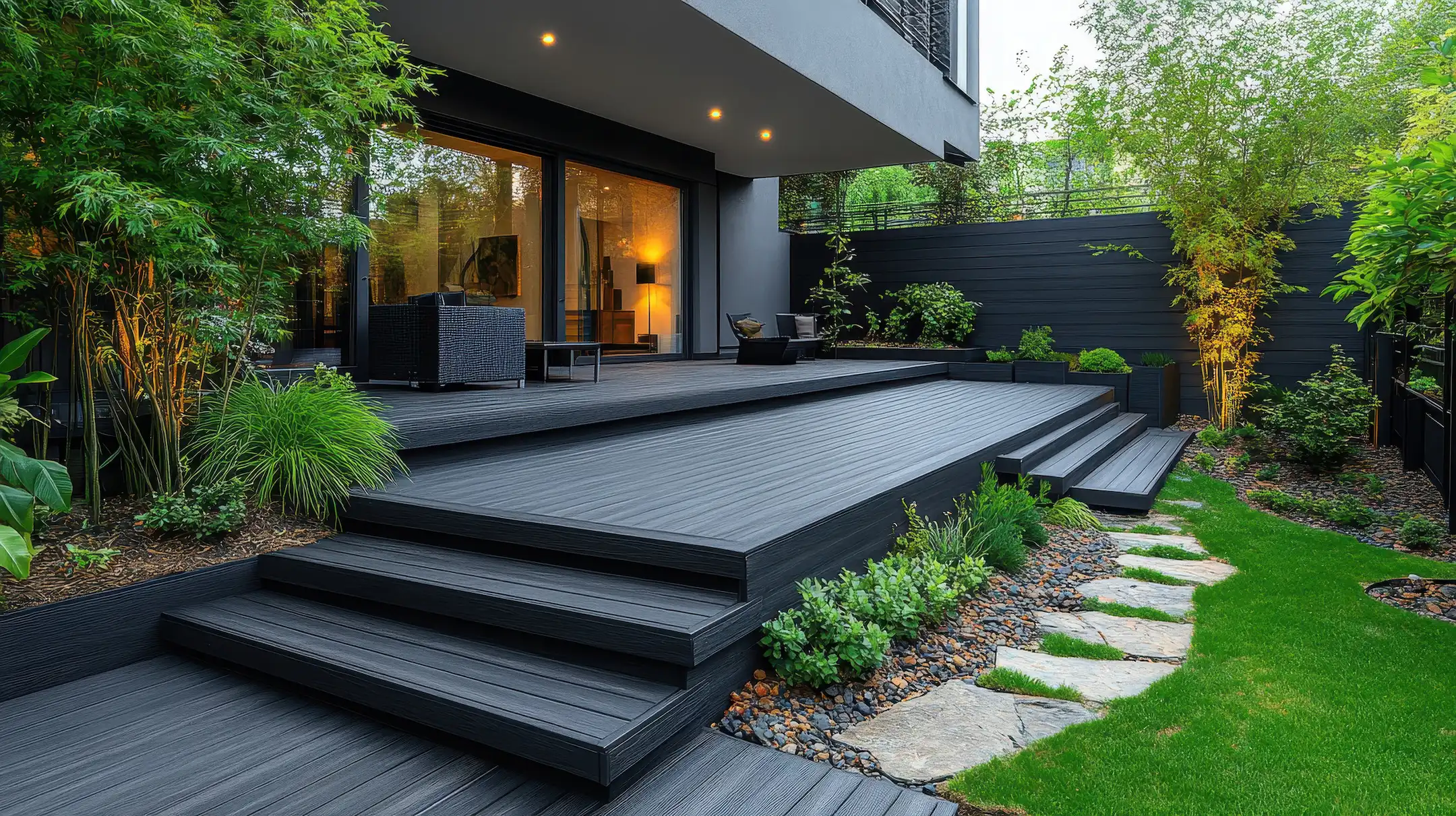 Modern dark grey composite deck with tiered steps leads to a house. Perfect for showcasing outdoor living spaces, home design, and landscaping projects.